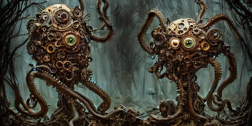 Image similar to biomechanical steampunk creature with robotic parts and big octopus head and (glowing) eyes guarding an ancient lush cave in a mystic forest, gothic and baroque, brutalist architecture, ultradetailed, creepy ambiance, fog, artgerm, giger, Intricate by Ellen Jewett and Josan Gonzalez and Giuseppe Arcimboldo