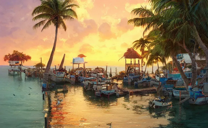 Image similar to a little fisher village on a tropical island, ( ( wood pier and houses, nets and boats ) ), scenic view, sunset, matte painting by marc simonetti and rhads and donato giancola, trending on artstation