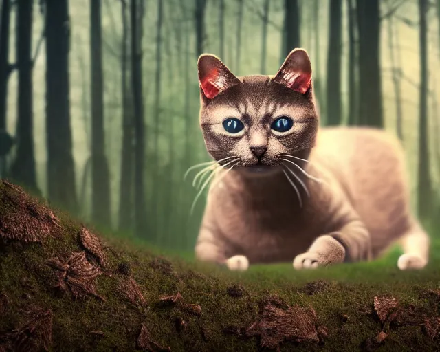 Prompt: a hyperrealistic 3 d render of an evil cat in a haunted forest, extreme wide shot