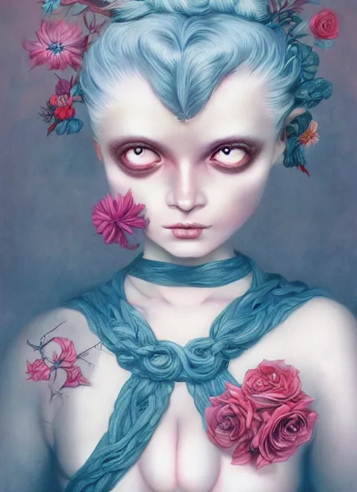 Image similar to pop surrealism, lowbrow art, realistic cute girl painting, blue body harness, japanese shibari with flowers, hyper realism, muted colours, rococo, natalie shau, loreta lux, tom bagshaw, trevor brown style,