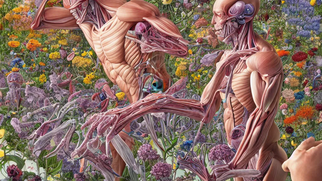 Image similar to highly detailed illustration of a human anatomy body exploded by all the known species of flowers by juan gatti, by makoto shinkai, by moebius!, by oliver vernon, by joseph moncada, by damon soule, by manabu ikeda, by kyle hotz, by dan mumford, by kilian eng