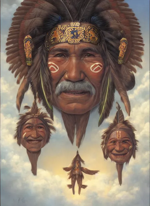 Image similar to faces of indigenous amazonian grandfathers and grandmothers spirits in the clouds, smiling, protection, benevolence, ancestors, detailed faces, art by christophe vacher