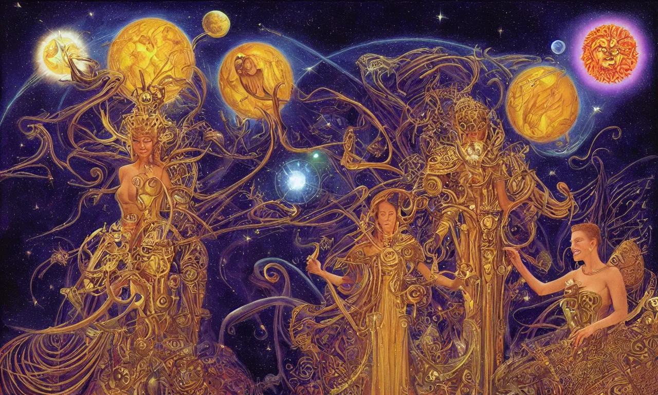 Image similar to sun king and moon queen in the cosmic court of mystical astronomy, art by james c. christensen and ron walotsky