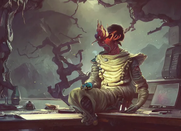 Image similar to an insanely detailed painting of an asian man wearing a homemade superhero costume, sitting at a desk, staring seriously at the computer and typing, in the style of peter mohrbacher, james jean, ruan jia, dramatic lighting and composition, surreal background, octane render, pixar, trending on artstation, concept art, comic book, view from behind, 8 k