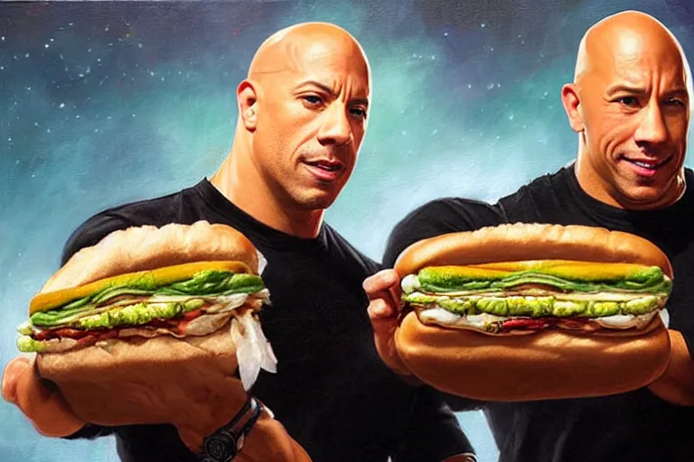 Prompt: portrait of vin diesel and dwayne the rock johnson sharing a footlong sub sandwich, an oil painting by ross tran and thomas kincade