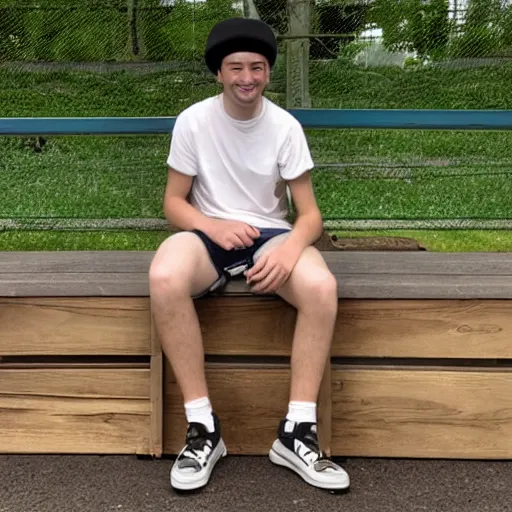 Image similar to photograph of a young man with a backward hat sitting on outdoor wooden bleachers next to a radio