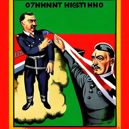 Image similar to leader of fascist hungary, viktor orban, adolf hitler and joseph stalin win farting contest together, soviet propaganda poster art from 1 9 4 4, colored, highly detailed illustration