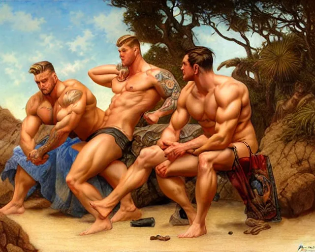 Image similar to handsome tattooed gym bro zeus and attractive tattooed gym bro apollo workout on the beach, epic painting by artgerm, gaston bussiere, craig mullins, j. c. leyendecker, tom of finland