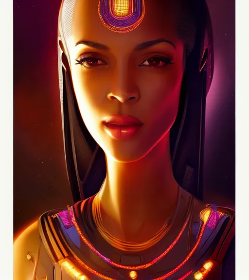 Prompt: symmetry!! egyptian princess of technology, solid cube of light, hard edges, product render retro - futuristic poster scifi, lasers and neon circuits, beautiful brown skin woman egyptian princess, intricate, elegant, highly detailed, digital painting, artstation, concept art, smooth, sharp focus, illustration, dreamlike, art by artgerm