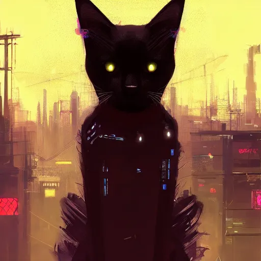 Image similar to a detailed matte painting of a black cat with red led eyes, the cat is in a intricately detailed neo cyberpunk Japanese city, the angel of death with a halo, colorful background not limited to children, by Ismail Inceoglu , concept art, featured on cgsociety