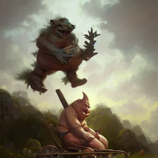 Prompt: fat fantasy goblin riding in a rickety wooden cart holding a lance, organic painting, sunny day, matte painting, bold shapes, hard edges, street art, trending on artstation, by huang guangjian, gil elvgren, ruan jia, greg rutkowski, gaston bussiere