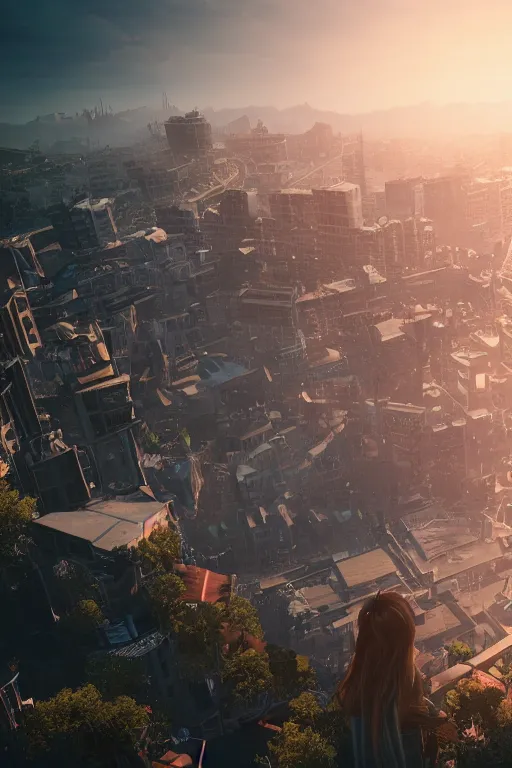 Prompt: two girls watching a city from a high rise above sea level, epic, cinematic shot, cinematic lighting, hyper realistic, soft lights, hyper detailed, bright daytime, photorealistic, ultra hd 4 k, unreal engine