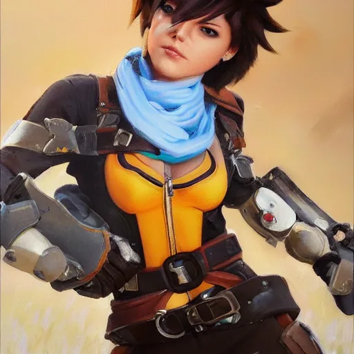 Image similar to oil painting of tracer overwatch in a field wearing large leather belt choker around neck, in style of mark arian, expressive face, detailed face, detailed eyes, full body, feminine face, tracer overwatch,