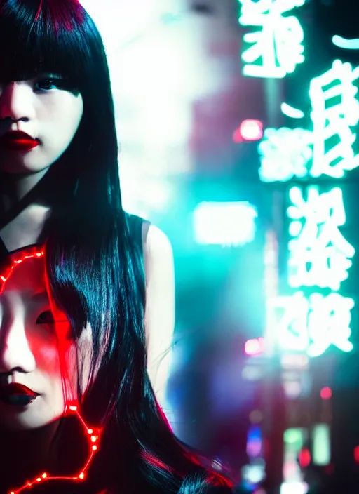 Prompt: asian goth in shinjuku, dark dress, cyberpunk, fashion, biomech, red and turquoise lights, black - red - turquoise - lips, conceptart, highlights, symmetrical, portrait, pretty face, octane, unreal, realism