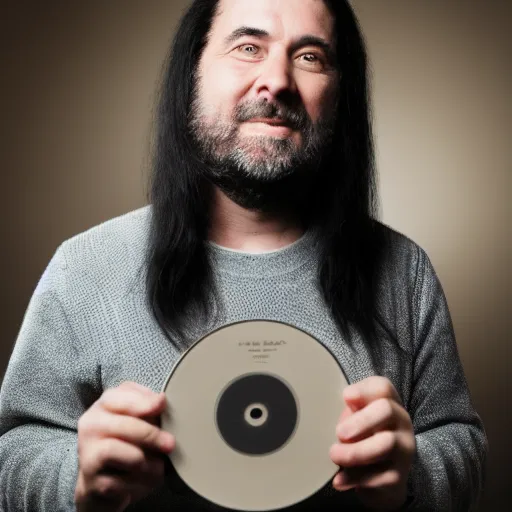 Image similar to middle aged man with long black hair holding a cd