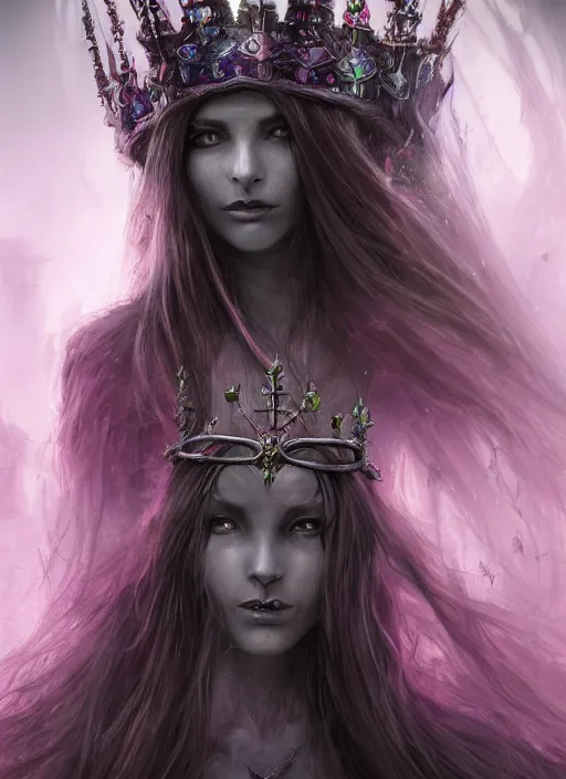 Image similar to mysterious dark and beautiful witch with long hair and a crown, fantasy, medieval, vivid colors, fantasy, elegant, concept art, sharp focus, beautiful face!!, digital art, Hyper-realistic, 4K, Unreal Engine, Highly Detailed, HD, Dramatic Lighting by Brom, trending on Artstation