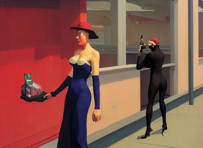 Image similar to !dream catwoman in line at a grocery store painting by Edward Hopper and James Gilleard, Zdzislaw Beksinski highly detailed