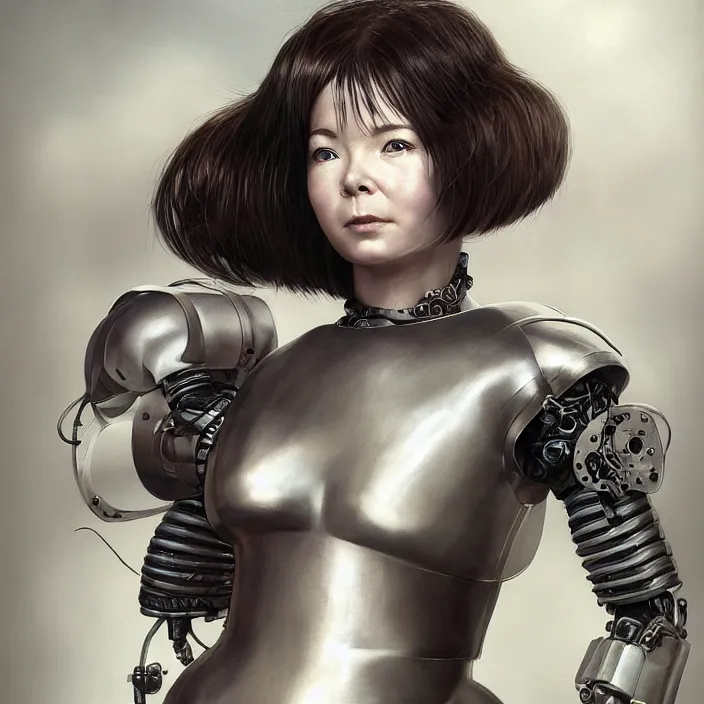 Image similar to hyper - realistic bjork leather cyborg - by tom bagshaw, by ilya kuvshinov, rtx rendering, octane render 1 2 8 k, maya, extreme high intricate details by wlop, digital anime art by ross tran, medium shot, close up shot, composition by sana takeda, dramatic lighting by greg rutkowski, 8 k, trending on artstation