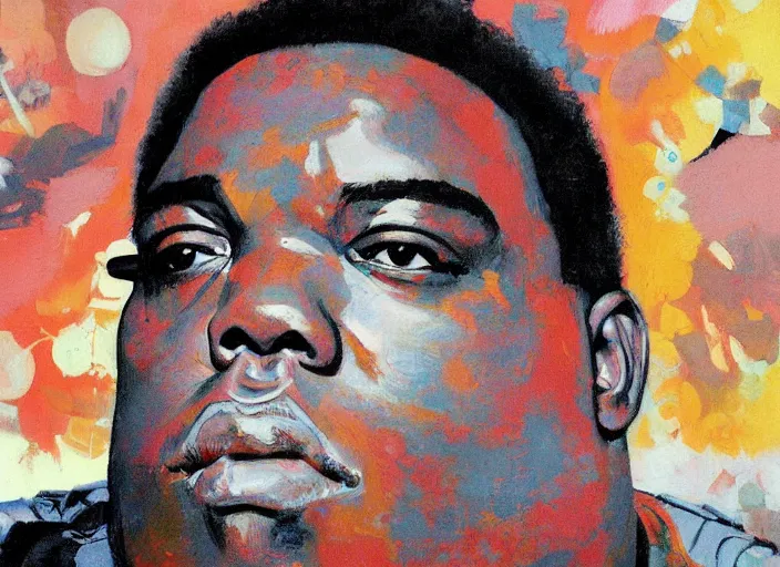 Image similar to a highly detailed beautiful portrait of notorious b. i. g on lsd, by gregory manchess, james gurney, james jean
