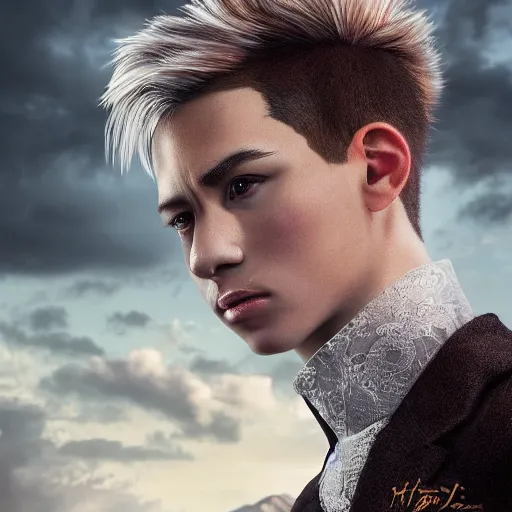 Prompt: a portrait of a young handsome prince with white fringy hair, epic clouds, beautiful landscape, backlit, incredible lighting, strong rim light, highly detailed, god rays, digital painting, HDRI, by Heise Jinyao, Heise-Lian Yan Fang, Feimo, Richard Taddei, vivid colors, high contrast, 8k resolution, intricate, photorealistic