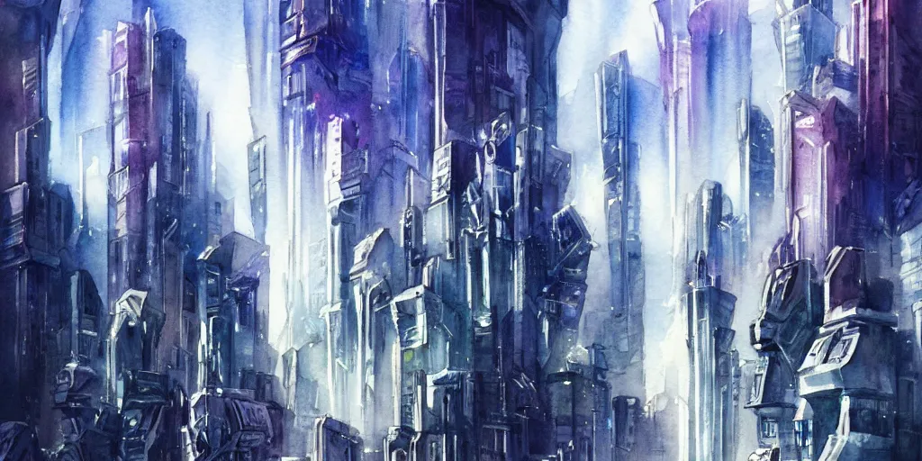 Image similar to futuristic city, exquisite masterpiece watercolor painting, trending on artstation