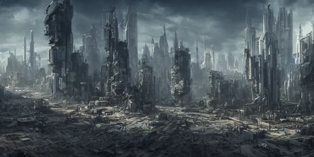 Image similar to futuristic post apocalyptic city, dystopia, 4 k