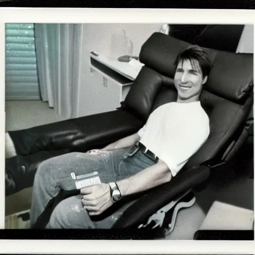 Image similar to Polaroid of Tom Cruise sitting in recliner with remote control watching tv 1983