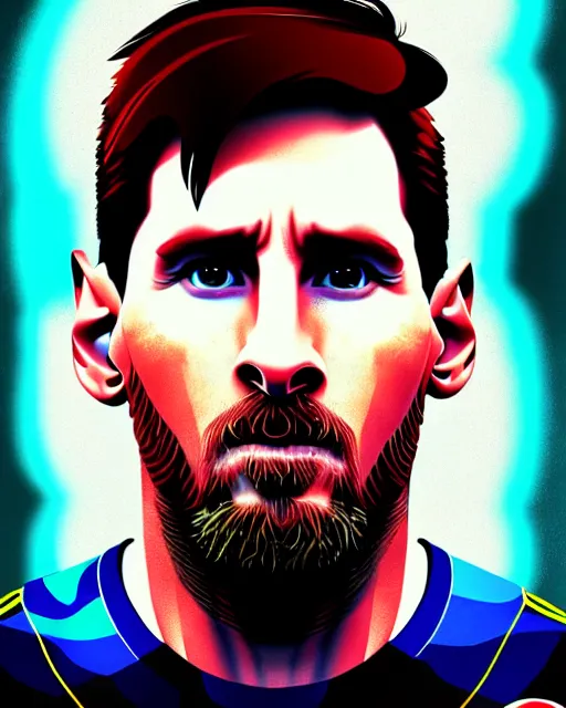 Image similar to messi, character portrait, portrait, close up, concept art, intricate details, highly detailed, sci - fi poster, cyberpunk art, in the style of looney tunes