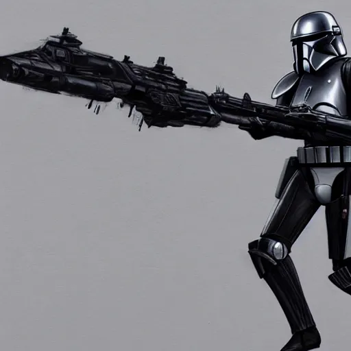 Image similar to an extremely long shot of an imperial stormtrooper in battle position ready to shoot his blaster concept art by Doug Chiang cinematic, realistic painting, high definition, very detailed, extremely high detail, photo realistic, concept art, the Mandalorian concept art style