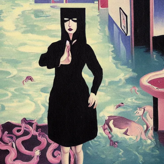 Prompt: tall female emo artist in her flooded kitchen, water gushing from ceiling, painting of flood waters inside an artist's home, a river flooding indoors, pomegranates, pigs, ikebana, zen, water, octopus, river, rapids, waterfall, black swans, canoe, berries, acrylic on canvas, surrealist, by magritte and monet