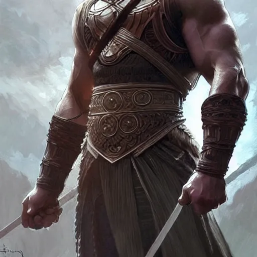 Image similar to Henry Cavill as a warrior, upper body, D&D, muscular, fantasy, intricate, elegant, exposed thighs, highly detailed, digital painting, artstation, concept art, smooth, sharp focus, illustration, art by artgerm and greg rutkowski and alphonse mucha