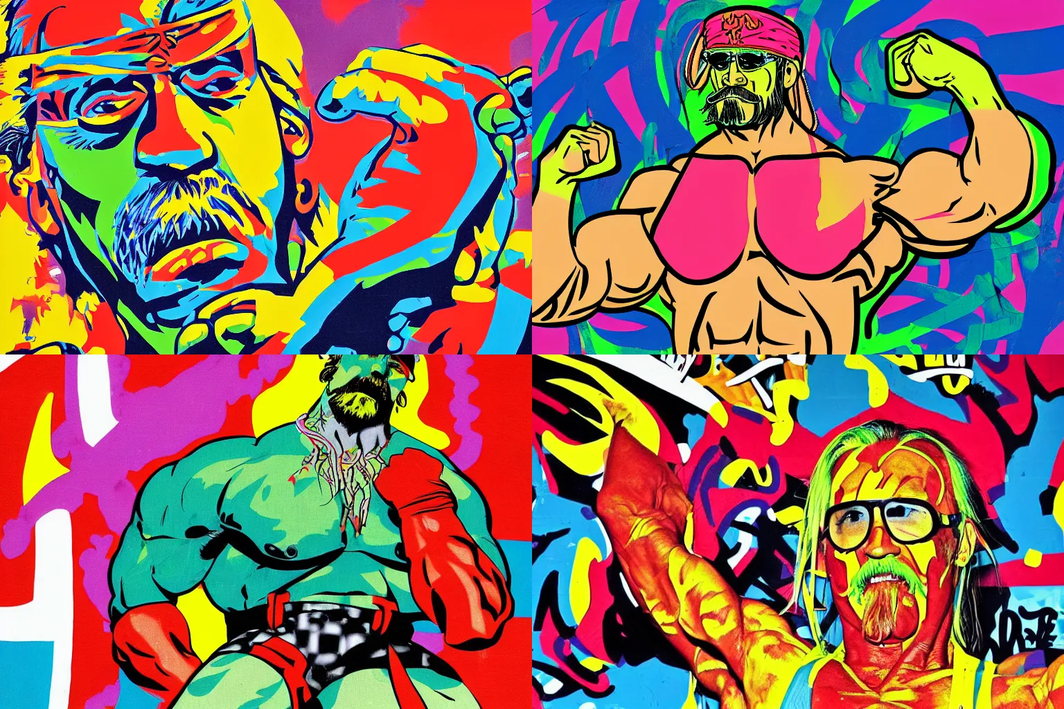 Prompt: psychedelic hulk hogan flexing, propaganda, graffiti, minimalist