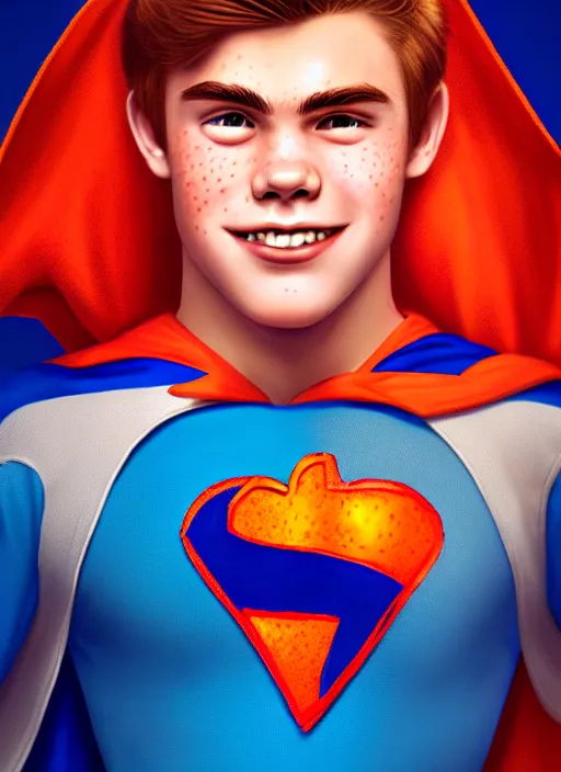 Image similar to friendly teenage archie andrews wearing an orange superhero costume with heart logo, heart, freckles, blue cape, heart emblem on chest, blue cape, intricate, elegant, glowing lights, highly detailed, digital painting, artstation, sharp focus, illustration, art by wlop, mars ravelo and greg rutkowski