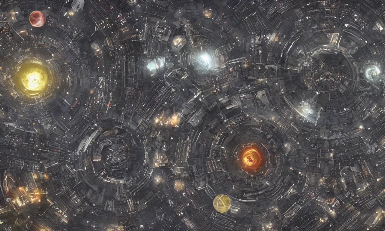 Image similar to a space junkyard forming a tilted disk with vortex in the center in black starless space, a graveyard of space stations and giant space structures, dark sci - fi game map, solid