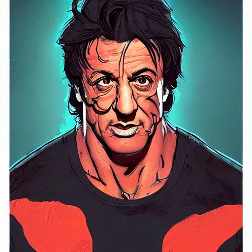 Prompt: a study of cell shaded portrait of Sylvester Stallone concept art, llustration, post grunge, concept art by josan gonzales and wlop, by james jean, Victo ngai, David Rubín, Mike Mignola, Laurie Greasley, highly detailed, sharp focus, alien, Trending on Artstation, HQ, deviantart, art by antgerm