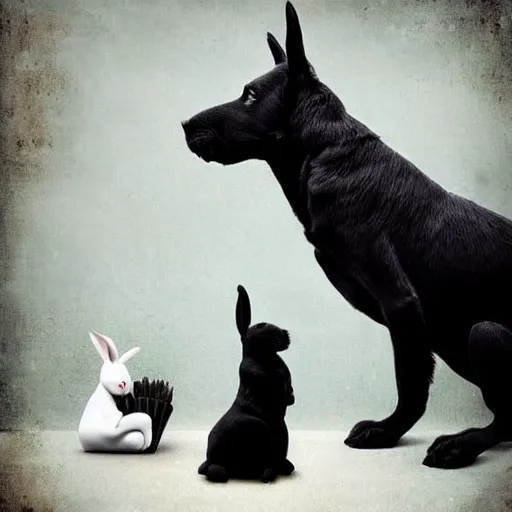 Prompt: A beautiful conceptual art of a large black dog with teeth bared, looming over a small white rabbit. The rabbit looks terrified, and the dog seems ready to attack. felt pieces by Jeannette Guichard-Bunel manmade