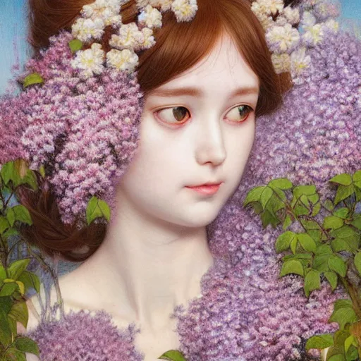 Prompt: white cat girl, botanical, lilacs, portrait face, colorful, frantisek kupka, intricate, miles johnston, kuroda seiki, cynical realism, ozabu, john william godward, painterly, yoshitaka amano, moebius, miles johnston, louise zhang, james jean, mark ryden lowbrow pop surrealism art style