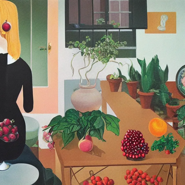 Prompt: a female art student in her apartment, plants in glasses, work in progress, pig, pomegranate, berries dripping, acrylic on canvas, surrealist, by magritte and monet