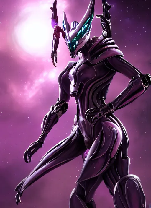 Image similar to cinematic goddess close shot, galactic sized proportional stunning beautiful hot female warframe, sleek mecha female dragon head, metal ears, led purple eyes, smooth fuschia skin, smooth silver armor, floating in space, holding a galaxy, epic proportions, epic size, epic scale, furry art, dragon art, giantess art, warframe fanart, furaffinity, octane