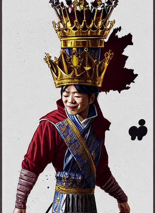 Image similar to gm hikaru nakamura dressed as a king, with a chess piece as a crown, artstation, extremely detailed artgerm, greg rutkowski