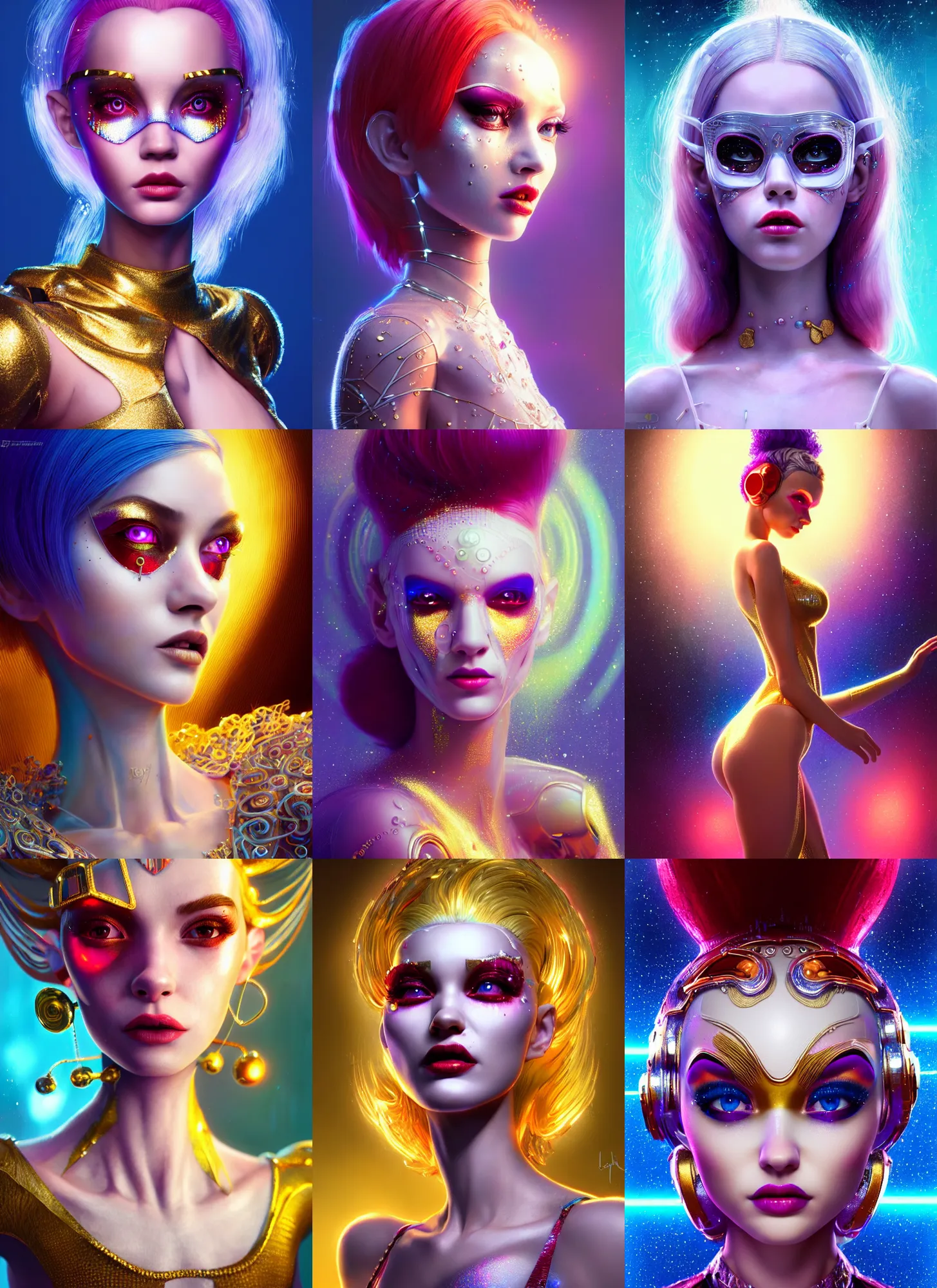 Prompt: pixar portrait 8 k photo, beautiful shiny white rich galactic gogo dancer clowncore russian cyborg, golden ratio details, sci - fi, fantasy, cyberpunk, intricate, elegant, highly detailed, digital painting, ever after high, octane render, artstation, concept art, smooth, sharp focus, illustration, art by artgerm, loish, wlop