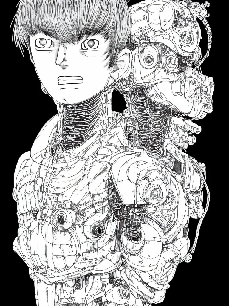 Image similar to prompt: Fragile looking portrait, portrait face drawn by Katsuhiro Otomo, accurate full body character drawing, inspired by Evangeleon and Akira 1988, cyborg and wire details, clean ink detailed line drawing, intricate detail, manga 1990, golden ration composition