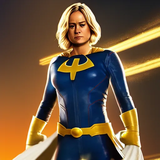 Image similar to Brie Larson as Power Girl, full body with costume, realistic, 4k