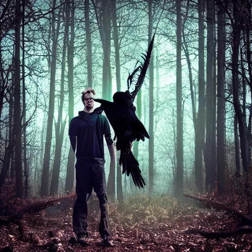 Prompt: !! werecreature consisting of a crow and a human, photograph captured in a dark forest