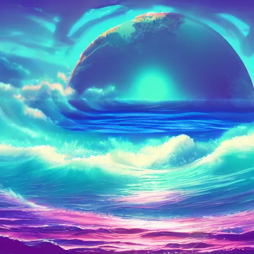 Prompt: Beautiful vaporwave ocean horizon, theres an alien planet in the distance over the horizon, viewed from the beach, digital art, trending on artstation