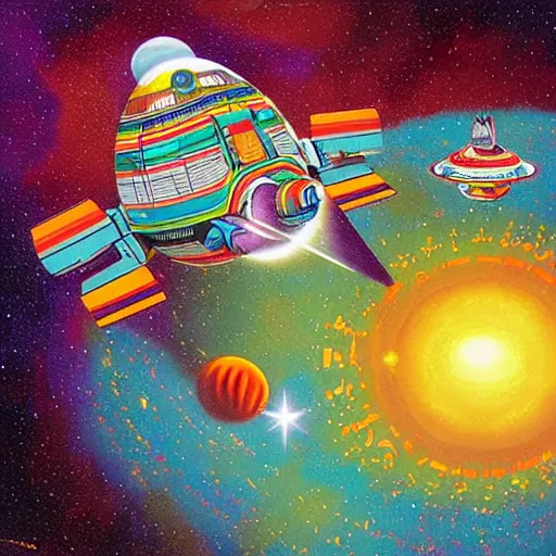 Prompt: a beautiful computer art of a space battle with wild, bright colors. navajo white by nathan spoor, by richard scarry subdued