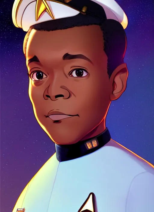 Image similar to cute star trek officer lenny henry, natural lighting, path traced, highly detailed, high quality, digital painting, by don bluth and ross tran and studio ghibli and alphonse mucha, artgerm