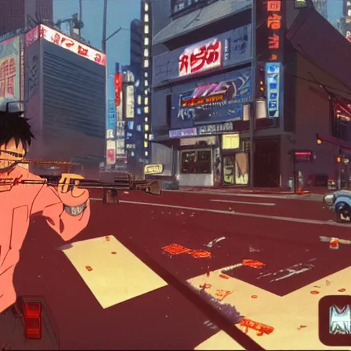 Image similar to 1994 Video Game Screenshot, Anime Neo-tokyo bank robbers vs police shootout, bags of money, Police Shot, Bullet Holes, Anime VFX, Violent, Action, MP5S, FLCL, Highly Detailed, 8k :4 by Katsuhiro Otomo + Studio Gainax + Arc System Works : 8