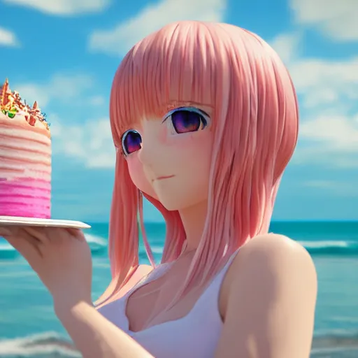 Image similar to Render of a beautiful 3d anime woman holding a birthday cake to show the camera, long light pink hair, full bangs, hazel eyes, cute freckles, full round face, soft smile, Chinese heritage, cute checkerboard sundress, golden hour, serene beach setting, medium shot, mid-shot, hyperdetailed, trending on Artstation, Unreal Engine 4k