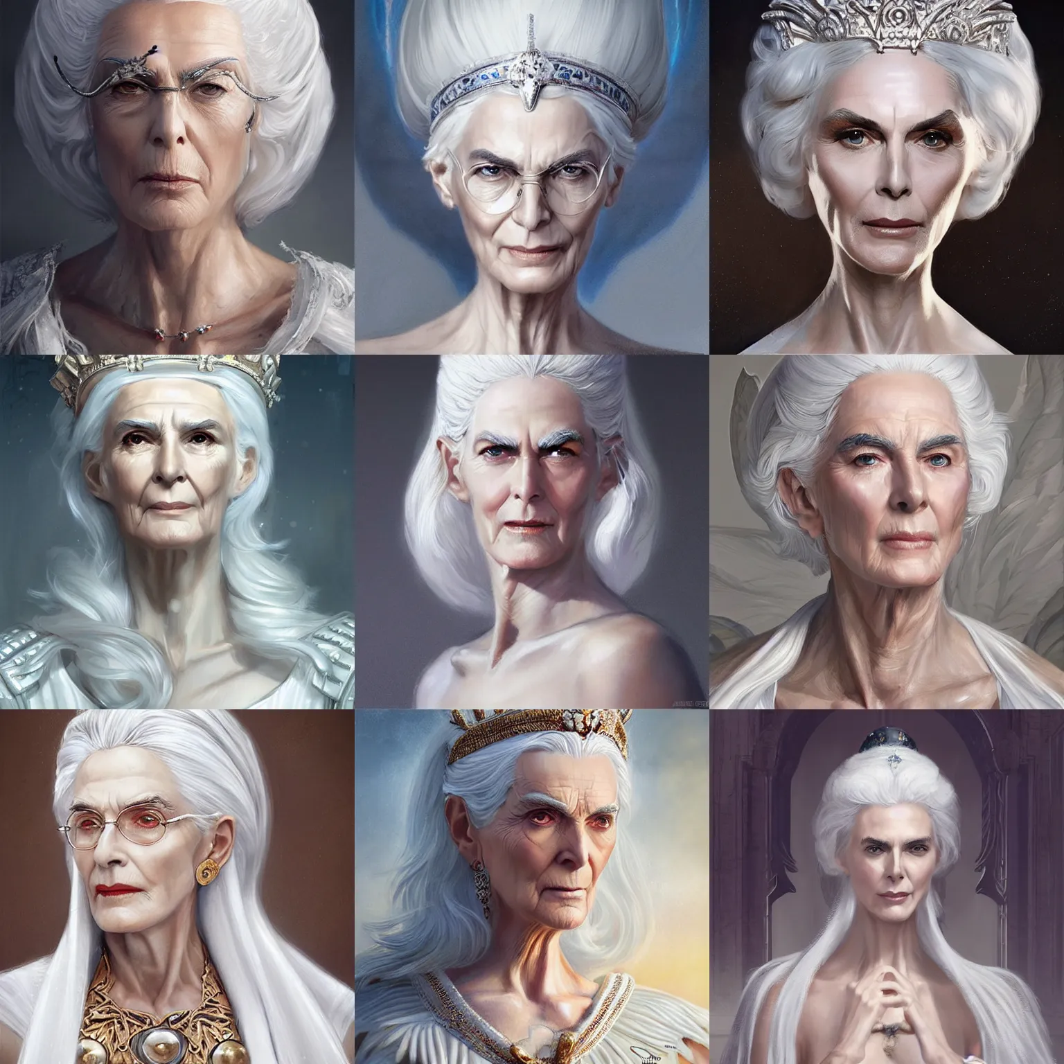 Prompt: elderly greek goddess, queen, white hair, white tunic, carmen dell ’ orefice, regal, art by artgerm and greg rutkowski and magali villeneuve, d & d, fantasy, portrait, highly detailed, digital painting, trending on artstation, concept art, sharp focus, illustration